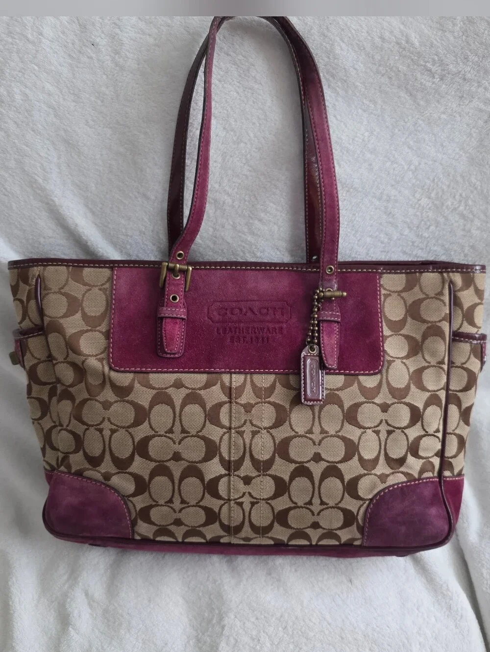 Vintage Y2K Coach Khaki C Wine Purple Suede Patent Trim Gallery Tote Bag RARE!